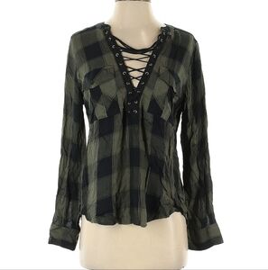 Express Black & Green Plaid Lace up front Shirt